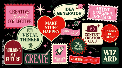 Vector collection of motivational and creative badges, labels, and stamps for designers and dreamers seeking inspiration and personal growth on a vibrant background