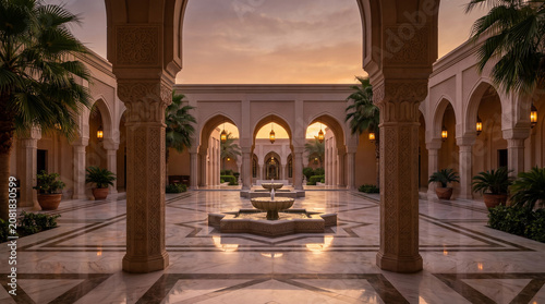 Islamic architecture courtyard at sunset, luxury middle eastern palace with marble fountain, elegant arabic arches and palm trees in garden