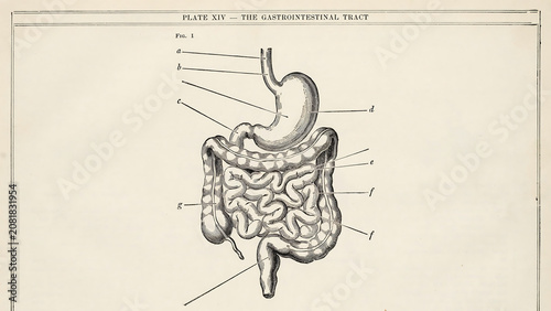 Vintage anatomical drawing of human digestive system with digestive, intestine