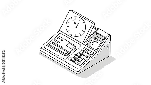 Vintage calculator and clock on white background.