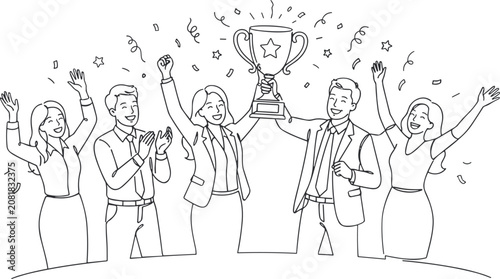 Business team celebrating victory holding winner golden trophy cup with confetti line art vector illustration on white background