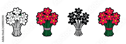 Floral flower bouquet vector icon set, red daisy floral bunch decorative gift celebration symbol set isolated illustration design background element artwork