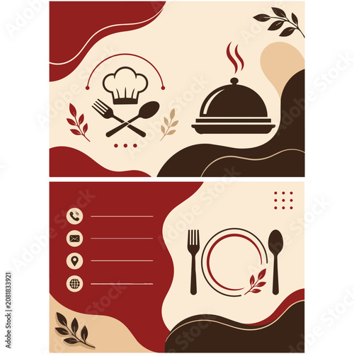 Restaurant Business Card Template with Chef Hat and Food Icons Flat Vector