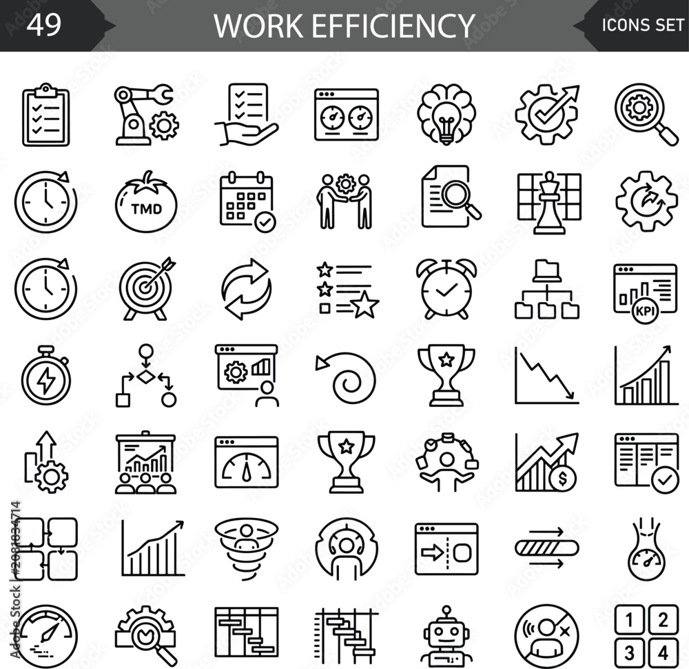 Fototapeta premium Work efficiency flat icon set featuring business productivity, workflow, time management, optimization, teamwork