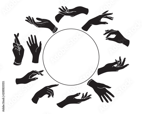 Black silhouette hands in various gestures around a white circle with copy space