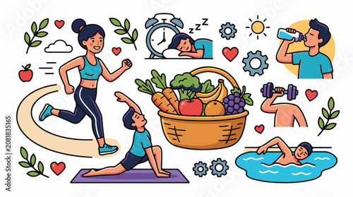 Healthy lifestyle illustrations running yoga swimming weights rest food