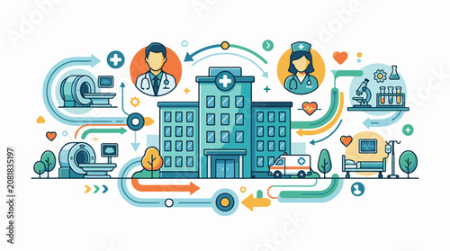 Medical center illustration with doctors nurses ambulance MRI and lab