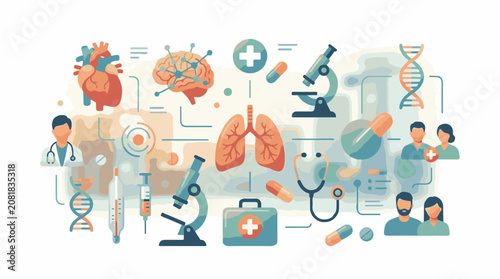 Medical illustrations of human organs DNA and tools in a digital network