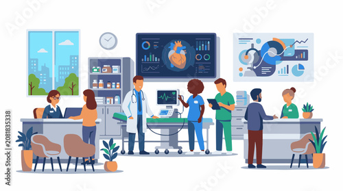 Medical professionals interact with patients and review patient data