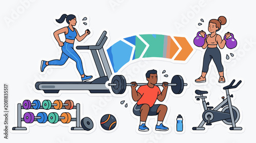 People exercising in a gym with various equipment and progress indicator