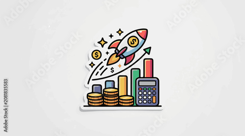 Rocket soaring over financial growth chart with coins and calculator