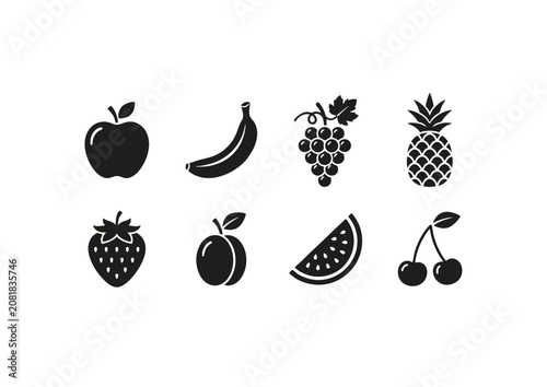 Black Fruit Icons Set Vector Isolated on White Background, Apple, Banana, Grapes, Pineapple, Strawberry, Plum, Watermelon and Cherry Symbols 