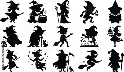 Schilderij op canvas Halloween witch silhouettes collection spooky vector graphics for october 31st c