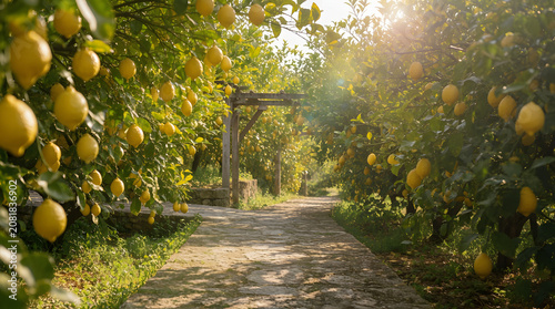 Path through lush Italian lemon grove