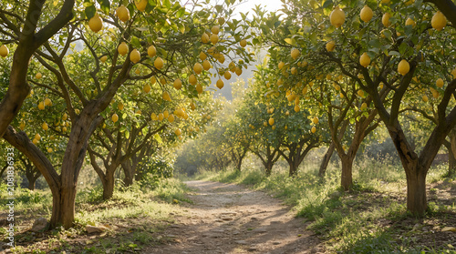 Path through lush Italian lemon grove