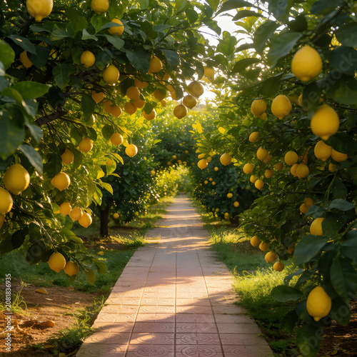Path through lush Italian lemon grove