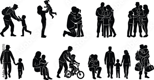 Military family silhouettes collection featuring army soldiers reuniting with children, hugging wives, and teaching bicycle riding.