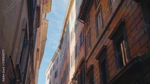 Looking Up Between Historic Buildings on a Narrow Rome Street