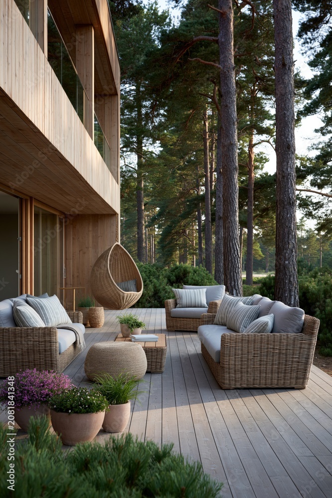 Fototapeta premium Modern wooden cabin terrace with wicker furniture and pine forest view for outdoor wallpaper and banner design