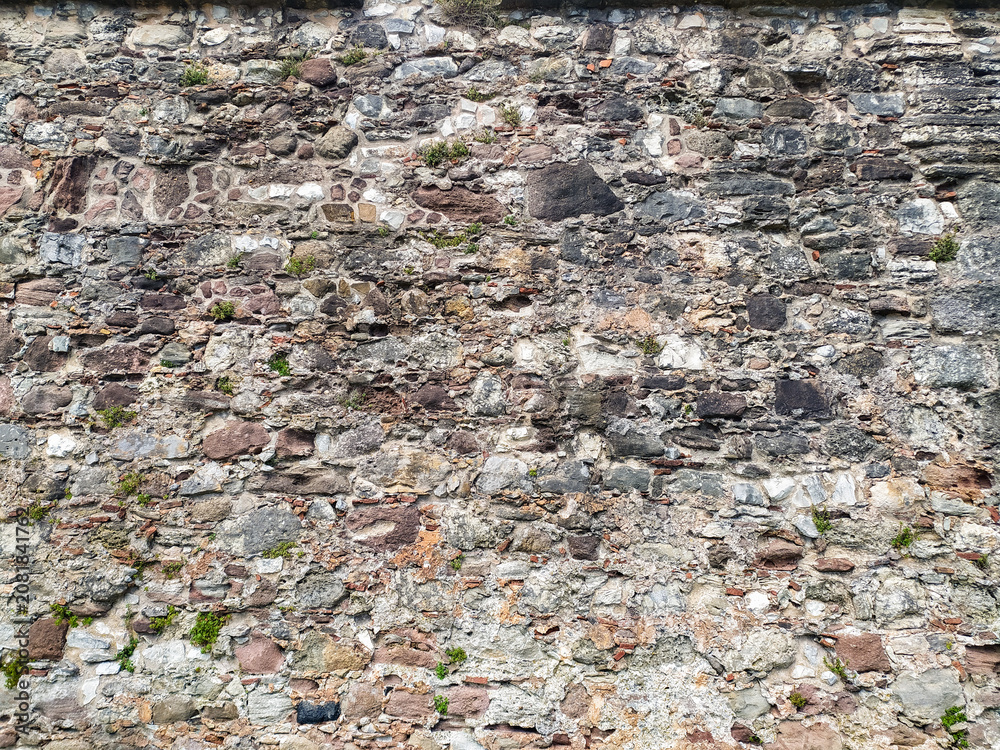 Fototapeta premium An ancient, rustic stone wall texture background showing weathered rocks and small green plants growing in crevices. Nobody. Evokes feelings of history, strength, and timeless endurance.