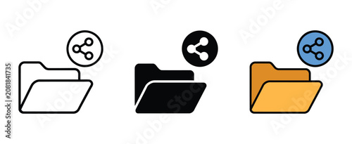 Shared folder and file distribution icon set, data sharing cloud network collaboration document exchange technology office symbol vector illustration design
