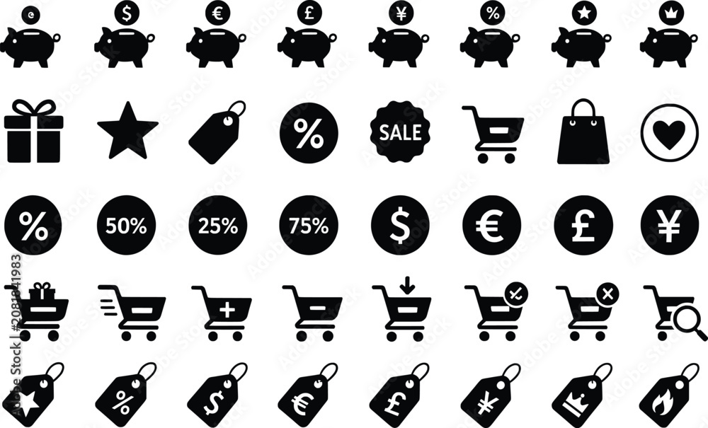 Fototapeta premium Blackandwhite icons of shopping and finance on transparent background