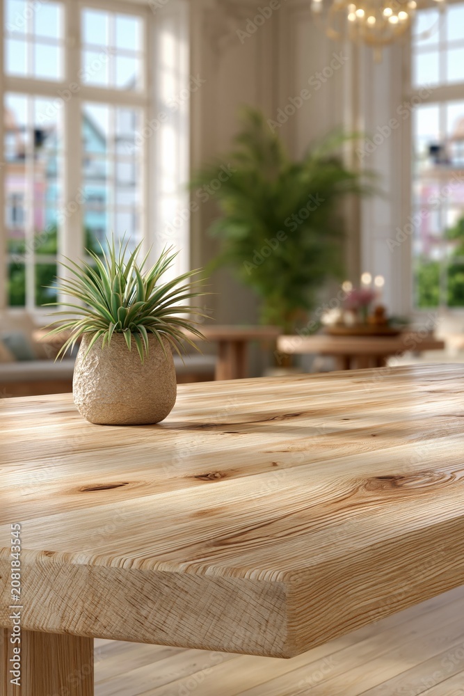 Fototapeta premium Light wooden farmhouse table with small textured pot and spiky succulent in a bright elegant room for background and dining decor