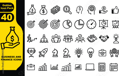 set of business and finance icons designed in a consistent, minimalist line-art style. These are typically used for infographics, presentations, or website