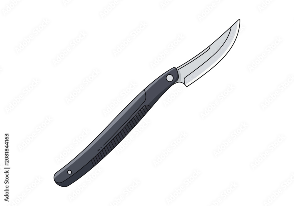 Obraz premium Illustration of a curved blade folding knife with a dark handle.