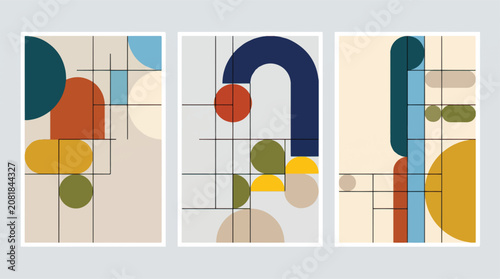 Bauhaus style geometric abstract posters, mid-century modern wall art set of 3 vectors, minimalist shapes and grid lines in retro colors