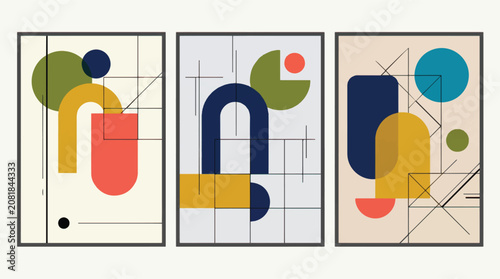 Bauhaus style geometric wall art set, mid-century modern abstract posters with circles and arches, minimalist vector illustrations for home decor