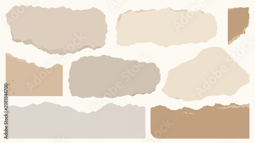 Vintage torn paper collection with 8 vector elements, beige ripped paper scraps, aesthetic neutral paper fragments for scrapbooking and collage