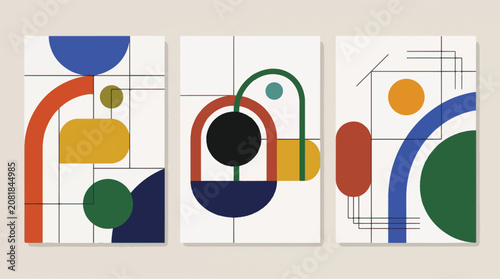 Bauhaus geometric poster set with abstract shapes, mid-century modern wall art vector collection, minimalist colorful composition for interior decor