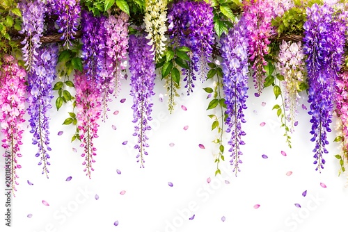 Beautiful purple pink and white wisteria flowers hanging down with green leaves