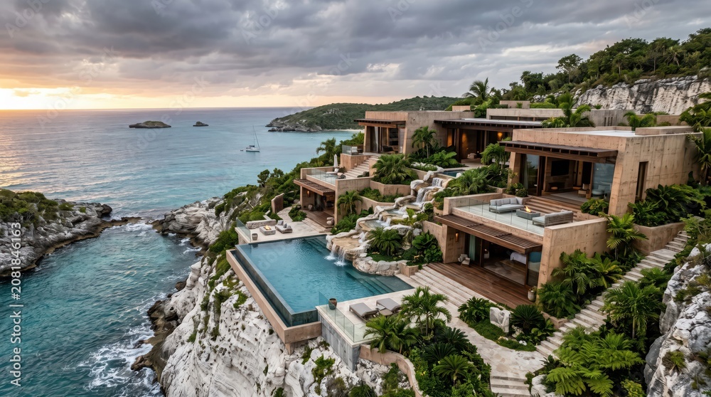Fototapeta premium Cliffside tropical villa with infinity pool overlooking ocean cove