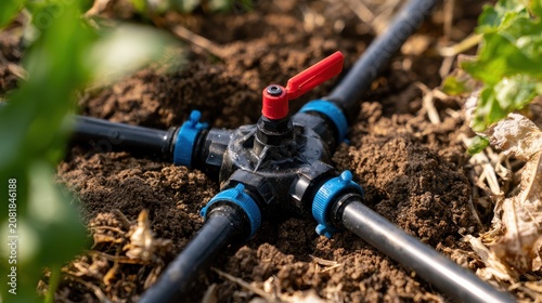 Plastic drip irrigation manifold valve installed in moist soil within  vegetable garden bed
