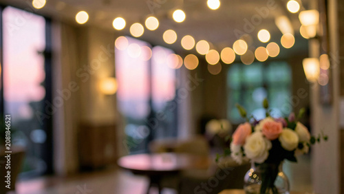 Принти на полотні Blurred hotel lobby interior background with soft bokeh and copy space