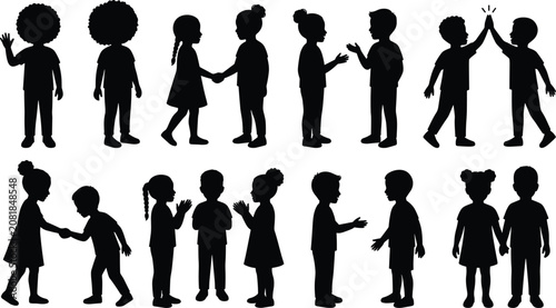 Children Interaction Silhouette Collection with Kids Greeting Talking High Five and Friendship Poses
