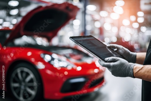 Close-up of mechanic hands in gloves using tablet for diagnostic check on rad hybrid car with open hood at modern auto workshop. Smart vehicle maintenance and repair service technology. Banner