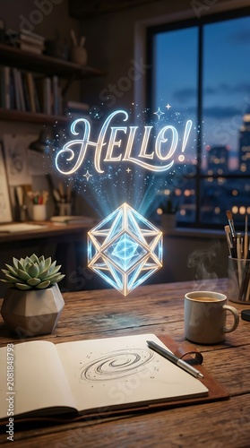 Glowing hello text above open notebook on wooden desk at night
