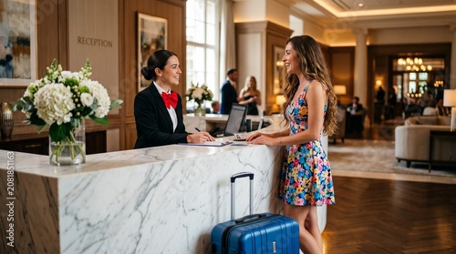 Luxury hotel reception desk with smiling female concierge, elegant marble counter in boutique lobby, young woman traveler checking in with blue suitcase