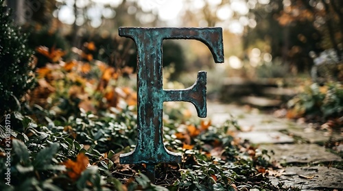 Vintage rusted metal letter F in a colorful autumn garden path scene