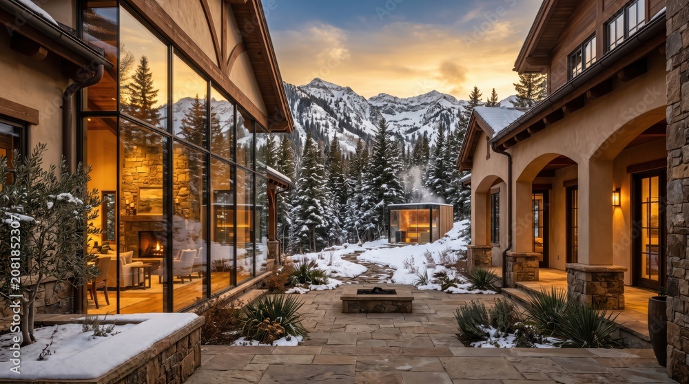 Fototapeta premium Snow covered mountain villa courtyard with glass sauna