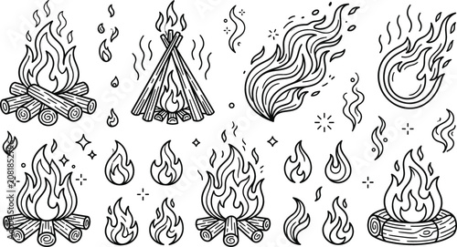 Fotografija Campfire and blazing bonfire vector line art set featuring burning wooden logs roaring flames sparks and smoke swirls