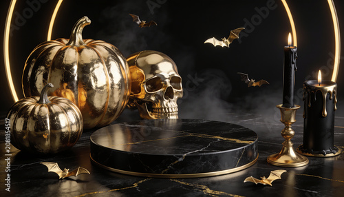 Luxury Halloween podium display with golden pumpkins, skull and candles