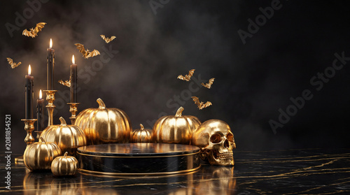 Luxurious Halloween banner featuring a podium, gold pumpkins, a skull, and candles, with space for text.
