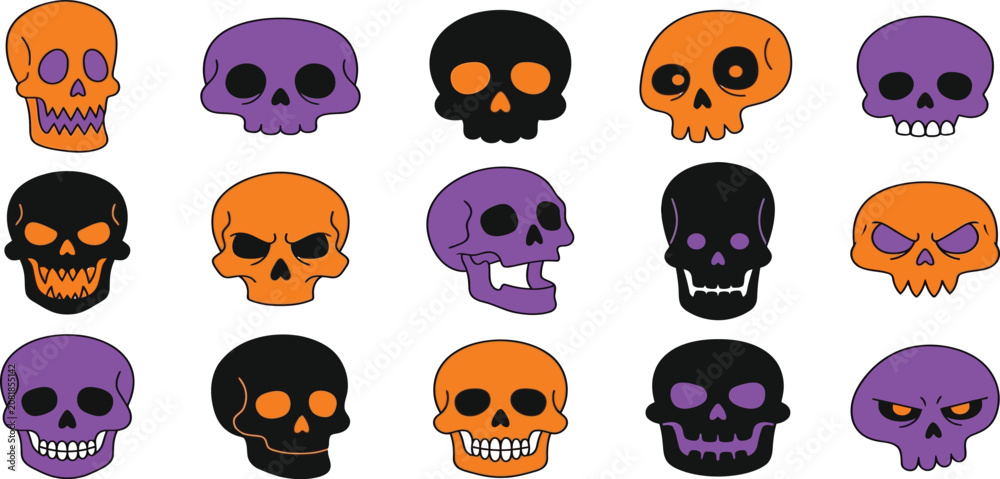 Obraz premium Cute Halloween skull cartoon vector set. Spooky skeleton faces in orange, purple, and black.