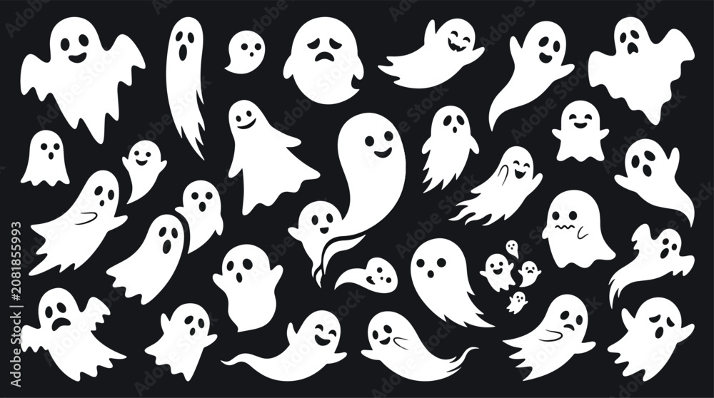 Fototapeta premium Cute ghost characters set with various expressions on black background for holiday.