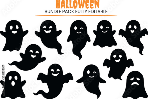 Expressive flying ghost silhouettes vector collection. Fully editable black phantom characters with dynamic movements and spooked expressions for Halloween craft designs.