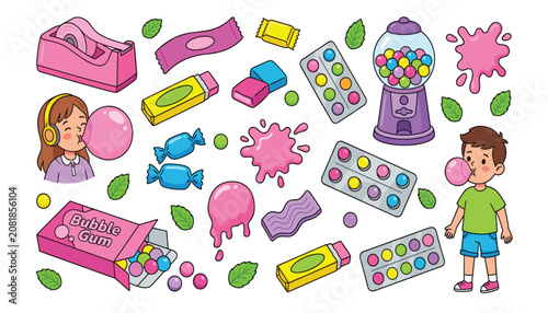 Bild auf Leinwand Cute bubble gum vector elements set with kids blowing bubbles candy dispenser sw